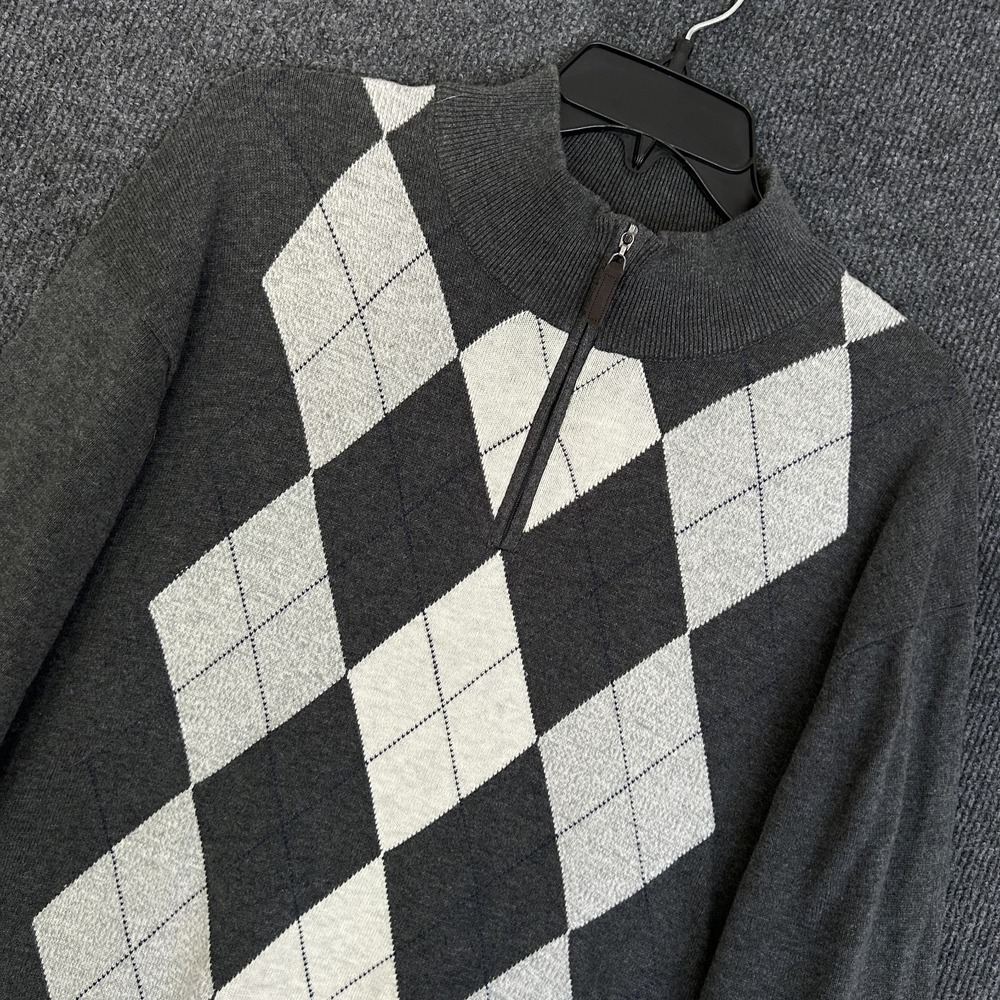 Tasso Elba Mens XXL Argyle Sweater Dark Gray LS Mock Neck 1/4 Zip Preppy Cotton - Picture 1 of 12